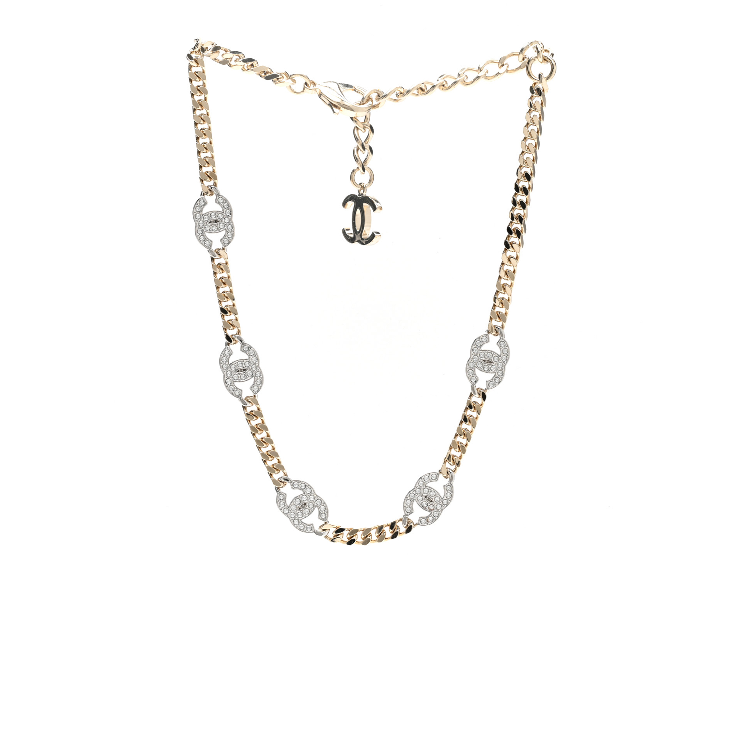 CHANEL CRYSTAL CHAIN CC LINK CHOKER GOLD SILVER 1388448